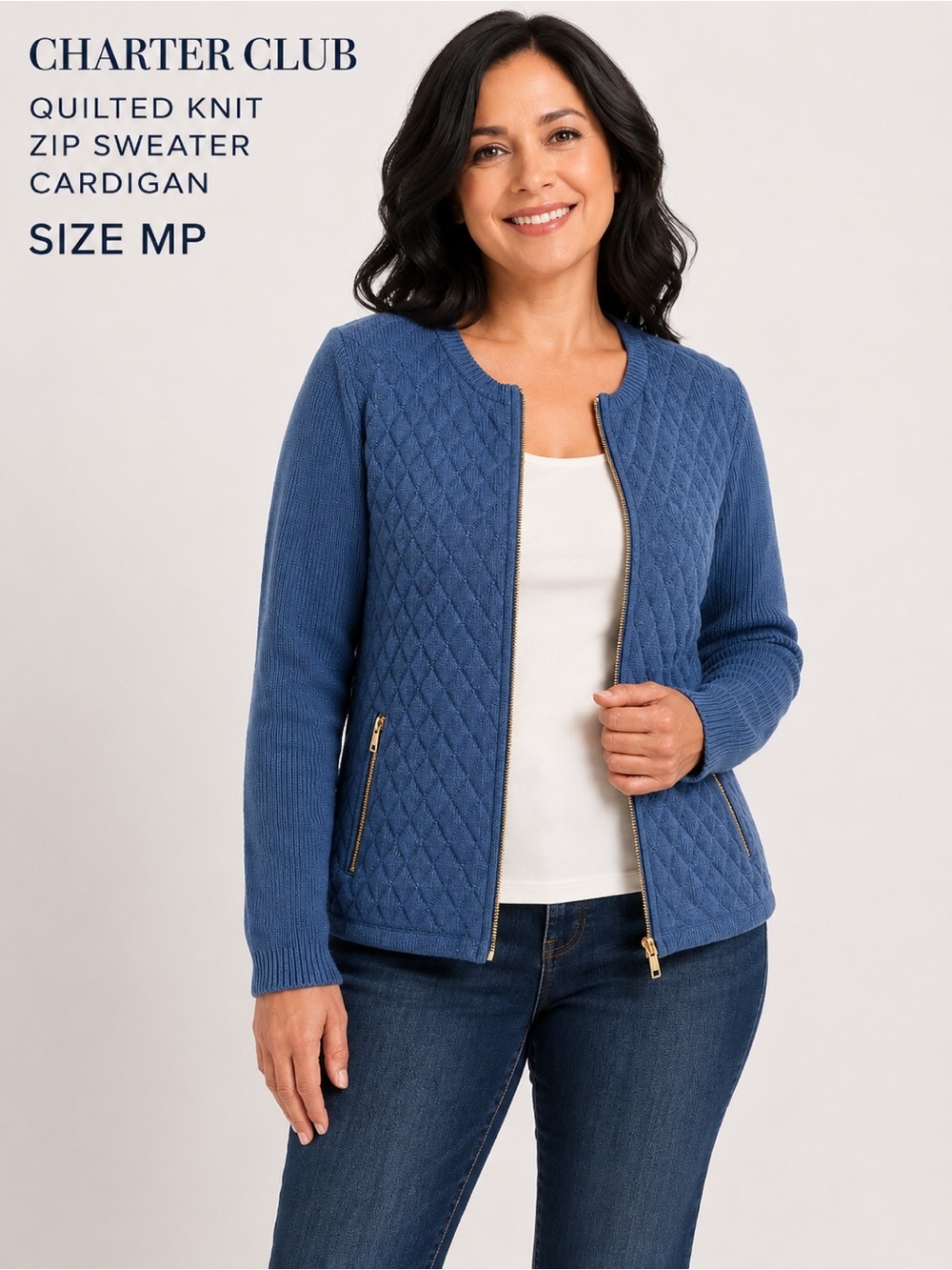 Charter Club Quilted Knit Zip sweater cardigan Navy Blue - Size MP